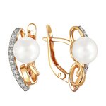 Серьги из красного золота 585° пробы с жемчугом и фианитом