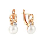 Серьги из красного золота 585° пробы с жемчугом и фианитом