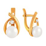 Серьги из красного золота 585° пробы с жемчугом и фианитом