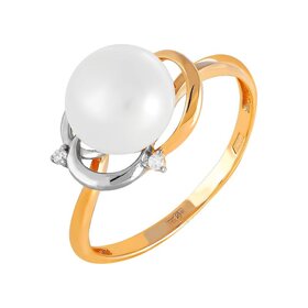 Кольцо из красного золота 585° пробы с жемчугом и фианитом