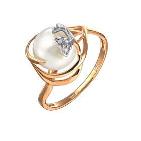 Кольцо из красного золота 585° пробы с жемчугом и фианитом