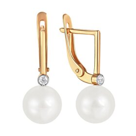 Серьги из красного золота 585° пробы с жемчугом и фианитом