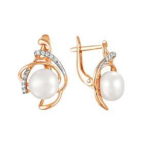 Серьги из красного золота 585° пробы с жемчугом и фианитом