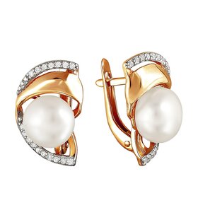 Серьги из красного золота 585° пробы с жемчугом и фианитом