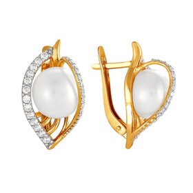 Серьги из красного золота 585° пробы с жемчугом и фианитом