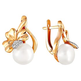 Серьги из красного золота 585° пробы с жемчугом и фианитом