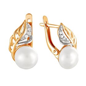 Серьги из красного золота 585° пробы с жемчугом и фианитом