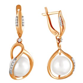 Серьги из красного золота 585° пробы с жемчугом и фианитом