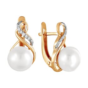 Серьги из красного золота 585° пробы с жемчугом и фианитом