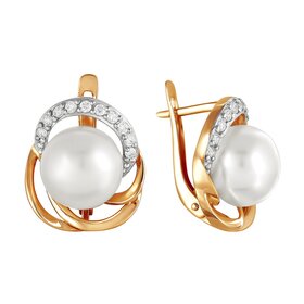 Серьги из красного золота 585° пробы с жемчугом и фианитом