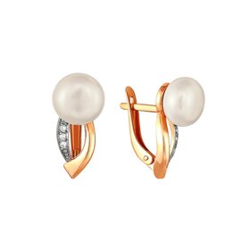 Серьги из красного золота 585° пробы с жемчугом и фианитом