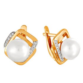 Серьги из красного золота 585° пробы с жемчугом и фианитом