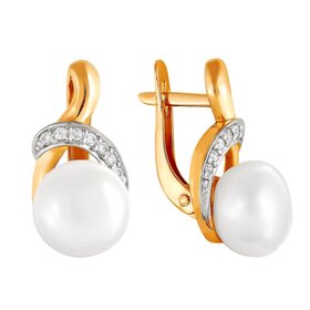 Серьги из красного золота 585° пробы с жемчугом и фианитом