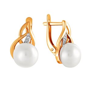 Серьги из красного золота 585° пробы с жемчугом и фианитом