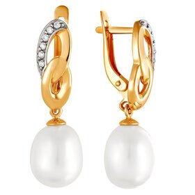 Серьги из красного золота 585° пробы с жемчугом и фианитом
