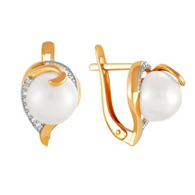 Серьги из красного золота 585° пробы с жемчугом и фианитом