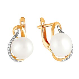 Серьги из красного золота 585° пробы с жемчугом и фианитом