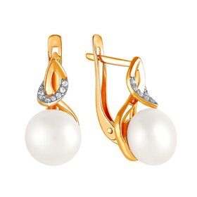 Серьги из красного золота 585° пробы с жемчугом и фианитом