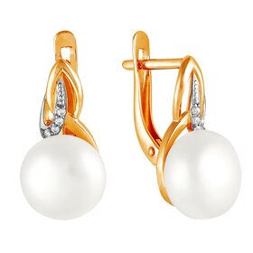 Серьги из красного золота 585° пробы с жемчугом и фианитом