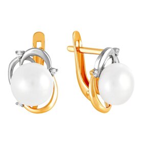 Серьги из красного золота 585° пробы с жемчугом и фианитом