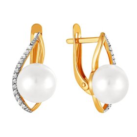 Серьги из красного золота 585° пробы с жемчугом и фианитом