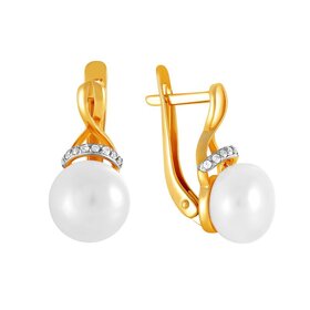 Серьги из красного золота 585° пробы с жемчугом и фианитом