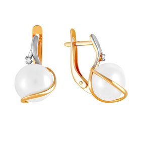 Серьги из красного золота 585° пробы с жемчугом и фианитом