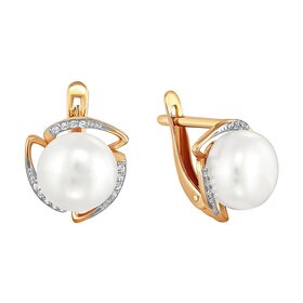 Серьги из красного золота 585° пробы с жемчугом и фианитом