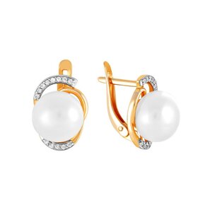 Серьги из красного золота 585° пробы с жемчугом и фианитом