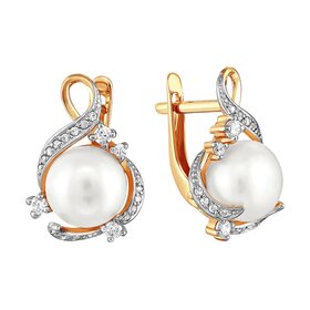 Серьги из красного золота 585° пробы с жемчугом и фианитом