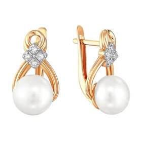 Серьги из красного золота 585° пробы с жемчугом и фианитом