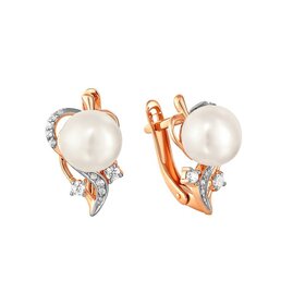 Серьги из красного золота 585° пробы с жемчугом и фианитом
