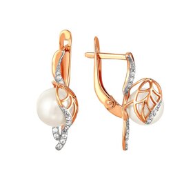 Серьги из красного золота 585° пробы с жемчугом и фианитом