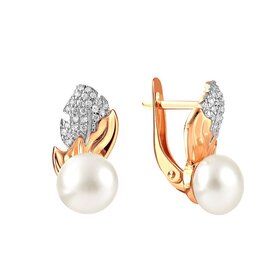 Серьги из красного золота 585° пробы с жемчугом и фианитом