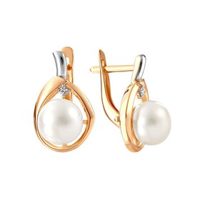 Серьги из красного золота 585° пробы с жемчугом и фианитом