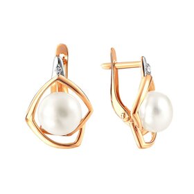 Серьги из красного золота 585° пробы с жемчугом и фианитом