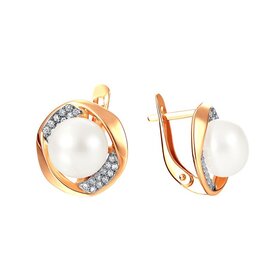 Серьги из красного золота 585° пробы с жемчугом и фианитом