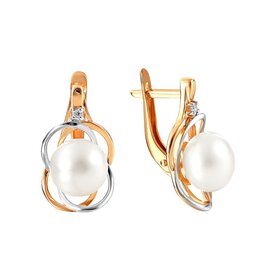 Серьги из красного золота 585° пробы с жемчугом и фианитом