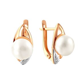 Серьги из красного золота 585° пробы с жемчугом и фианитом