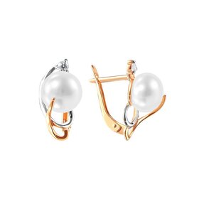 Серьги из красного золота 585° пробы с жемчугом и фианитом