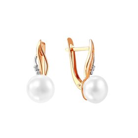 Серьги из красного золота 585° пробы с жемчугом и фианитом