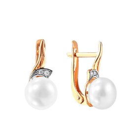 Серьги из красного золота 585° пробы с жемчугом и фианитом