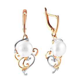 Серьги из красного золота 585° пробы с жемчугом и фианитом