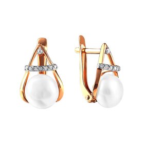 Серьги из красного золота 585° пробы с жемчугом и фианитом