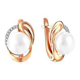 Серьги из красного золота 585° пробы с жемчугом и фианитом