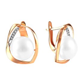 Серьги из красного золота 585° пробы с жемчугом и фианитом