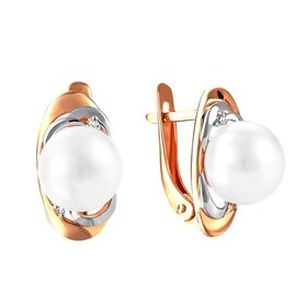 Серьги из красного золота 585° пробы с жемчугом и фианитом