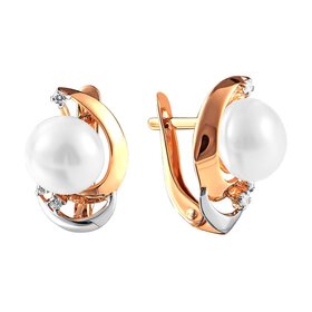 Серьги из красного золота 585° пробы с жемчугом и фианитом
