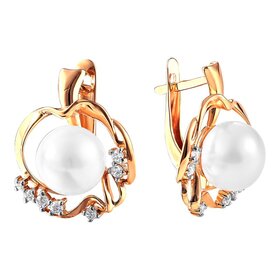 Серьги из красного золота 585° пробы с жемчугом и фианитом