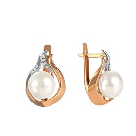 Серьги из красного золота 585° пробы с жемчугом и фианитом
